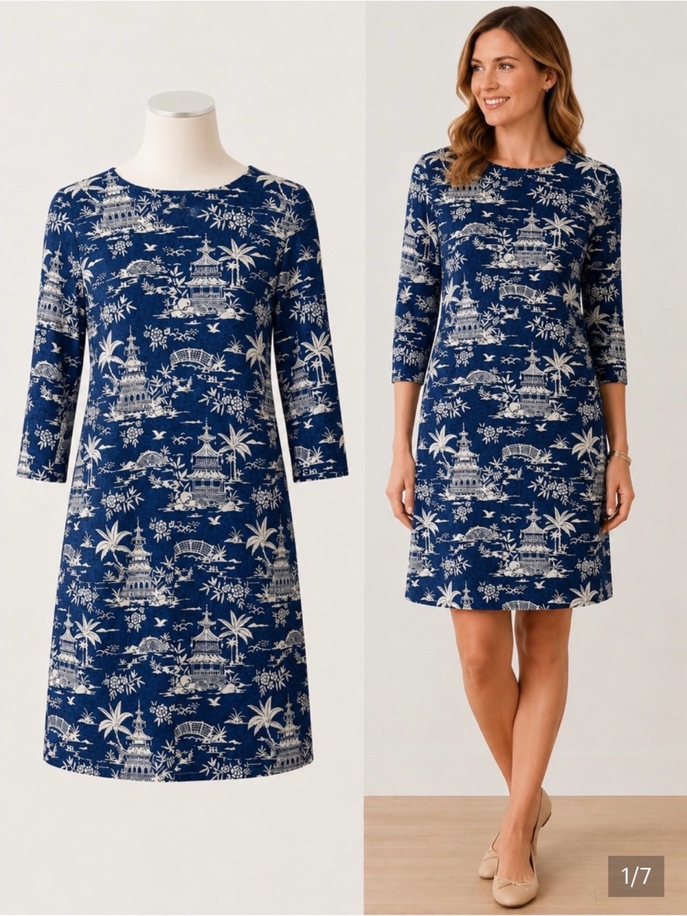 J. McLaughlin Navy and Cream Pagoda Print Dress S